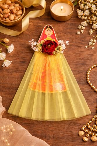Image of SATYAM KRAFT 2 Pcs Bride Gown Style Decorative Attachment for Small Bags | Net Gown Doll Design for Suitcase Decor, Trousseau Packing, Wedding Decor, Engagement & Gift Wrapping (Yellow)