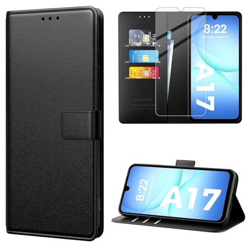 caslord Coque Compatible avec Samsung Galaxy A17 4G/5G [Verre Trempé Protection *1][Pochette de Portefeuille*3][Blocage RFID][ Premium PU] Etui à Rabat avec...