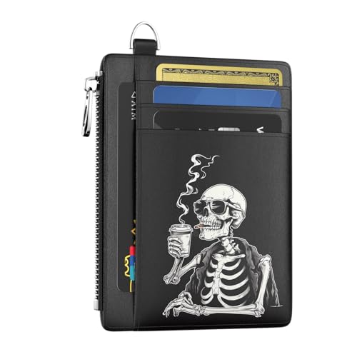 Hancynir Slim Wallet Women Credit Card Holder Coffee Skull Skeleton RFID Small Mini Card Case Front Pocket PU Leather Thin Travel Zipper Coin Cash ID Window Ladies Female Wallet Gifts