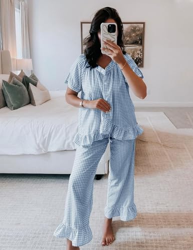 Flygo Womens Plaid 2 Piece Pajamas Sets Gingham Button Down Puff Sleeve Babydoll Shirt Ruffle Pants Y2K Pjs Lounge Set
