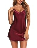 Litherday Negligee Damen Sexy Babydoll Kurz Satin Nachthemd V-Ausschnitt Nachtkleid Sommer Nachtwäsche Frau Sleepwear mit Verstellbare Träger, Weinrot, S