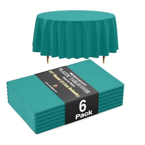 Image of Exquisite 66% Thicker Premium Teal Round Tablecloth 0.5 Mil 6 Pack Plastic Table Cloth Disposable 84 Inch Round Plastic Tablecloth Won't Tear Easily Like Cheap Thin Brands