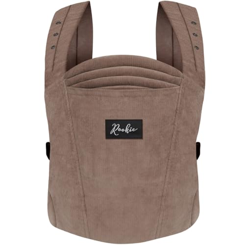 Rookie Babytrage ab Geburt - Ergonomisch, Bequem, Bio-Stoffe - Premium Elite Design - Baby Trage schnell & einfach angelegt - Baby carrier für Neugeborene bis 2 Jahre (Cord Mocha)