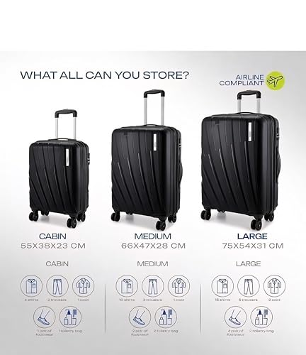 Image of Safari Cairo 8 Wheels, 5 Years Warranty (Cabin & Check-in) Polyproplyene Trolley Spinner Luggage Set of 3, 55Cm, 66Cm & 75Cm, Small, Medium, Large (Black)