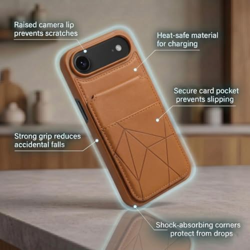 Image of amazon basics Premium Vegan Leather Back Cover with Card Holder and Integrated Mobile Stand for iPhone 17 Air - Slim Shockproof Wallet Case with Geometric Stitching [Tan]