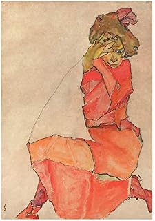 Egon Schiele - Vestido de mujer arrodillada en color naranja y rojo - Extra grande - mate - enmarcado