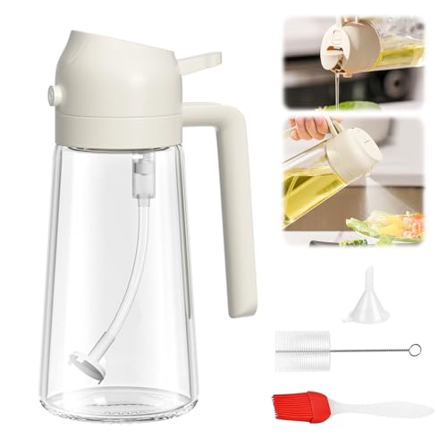 CLKE 15.8oz / 470ml 2-in-1 Olive Oil Spray Bottle & Dispenser, Glass Cooking Oil Sprayer for Air Fryer, Salad, BBQ, Baking, Vinegar, Soy Sauce, Kitchen (White)