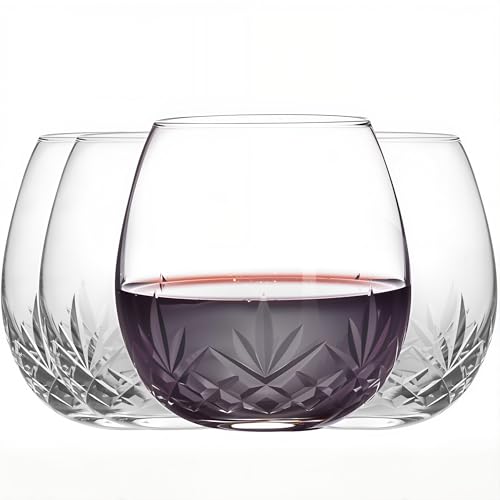 SHOSHIN Hand-Cut Stemless Wine Glasses – Hand Made Lead-Free Crystal Glass (15 Oz, Set of 4) – Ideal Gift