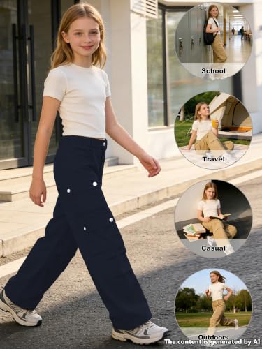 Image of SANGTREE Girls High Waist Casual Y2k Wide Leg Cargo Pants, 4-14 Years