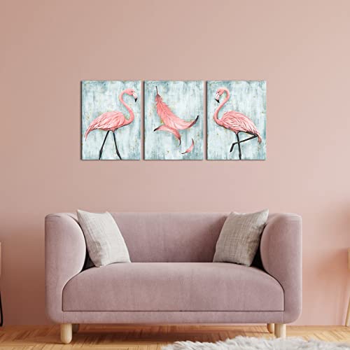 Tiuauit Flamingo Canvas Wall Art 3 Panel Pink Birds Painting Prints Vintage Animal Artwork For Office Bedroom Decor Dining Room Stretched And Framed Ready To Hang (12"X16"X3Pcs) #TOP2