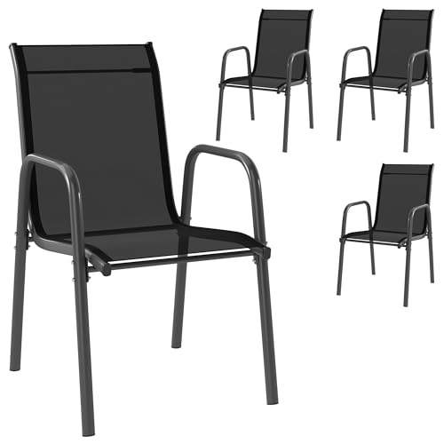 Outsunny Lot de 4 Chaises de Jardin Extérieures, Chaise de Salle à Manger Empilables avec Accoudoirs, Dossier Haut, Métal et Textilène, Fauteuil de Jardin Exterieur...