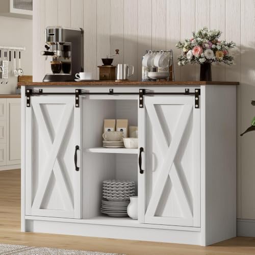 4 EVER WINNER Farmhouse Coffee Bar Cabinet, 42' Buffet Cabinet with Storage and Adjustable Shelf for Small Spaces, Coffee Station Cabinet with Sliding Barn Doors for Kitchen, Dining Room, White