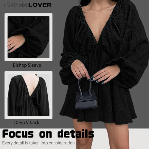 Women's Deep V-Neck Long Puff Sleeve Mini Dress - Sexy Backless Bodycon Dress Soft Flared Hem Dress Summer Spring2