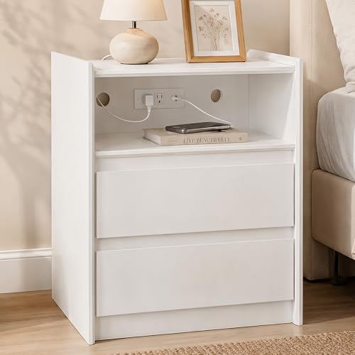 FurniXpress White Nightstand with Charging Station 24H 2 Drawers & Shelf