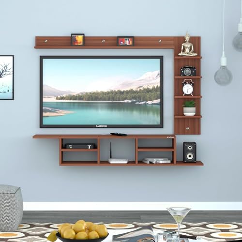 Image of Anikaa LED Light TV Unit Wall Mounted TV Unit Wall TV Cabinet Diplasy Shelf for Living Room, Set Top Box Stand - Walnut (D.I.Y - Do-It-Yourself) Ideal for up to 50 inch inches