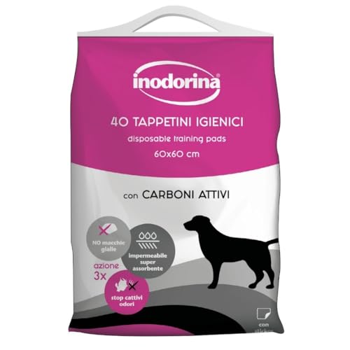 Inodorina Tappetini igienici per Cani (60x60 cm, 40 Pezzi) – Traversine con Carboni Attivi Super assorbenti in Pura cellulosa Vergine – con polimeri Odor Control e Sticker Antiscivolo