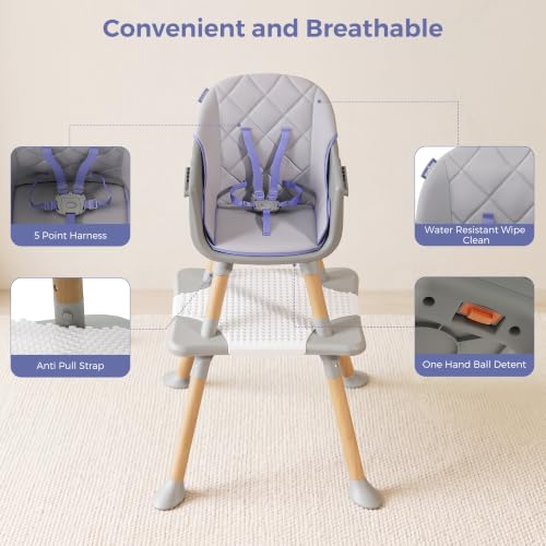Image of MOMFANN 6-in-1 Convertible High Chair for Babies and Toddlers, Natural Wood Toddler High Chair with Adjustable Tray & & 5-Point Harness, Dishwasher-Safe