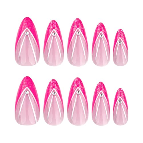 Image of Pink French Tip Press on Nails Glitter Fake Nails Silver Line with Rhinestone Design Medium Almond Glue on Nails Glossy Artificial Acrylic Full Cover Nude Stick on Nails for Women Manicure 24Pcs