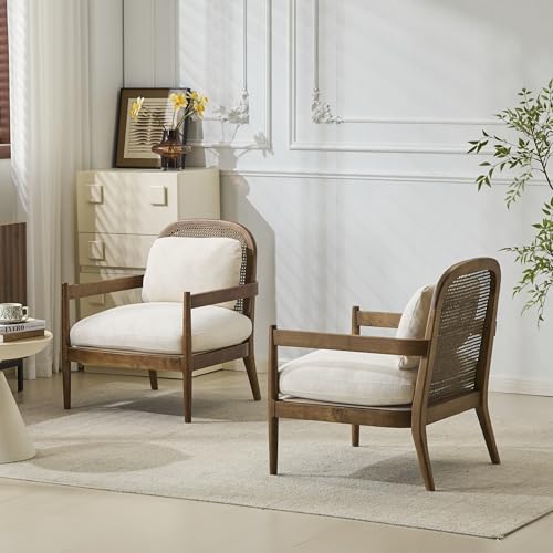 Sillón moderno de madera beige con respaldo de ratán miniatura 4