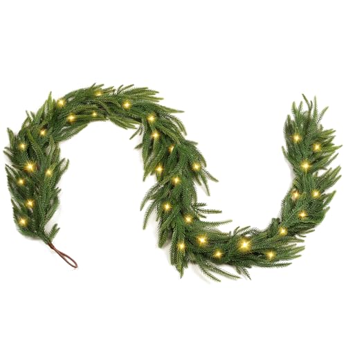 TOWPONICS 6FT Pre-lit Christmas Garland, Real Touch Lighted Norfolk Pine Garlands Battery Operated for Christmas Decorations with 35 LED RGB/WW String Lights, 8 Lighting Modes & Timer, 1 Pack