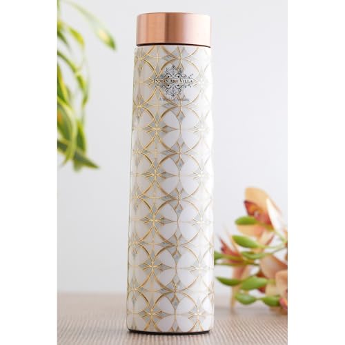 Image of INDIAN ART VILLA Copper Gold Print Copper Bottle, Copper Drinkware, 800 ML, Gold Printed White