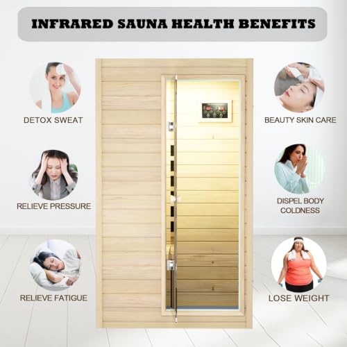 Image of LTCCDSS 1 Person Compact Infrared Sauna, 905W Low EMF Far Infrared Sauna Indoor Sauna, European Aspen Wooden Sauna for Home with Bluetooth Speakers, 36.6 inchx29.3 inchx63 inch, Right Door