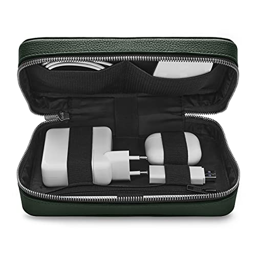 Organizador de tecnología Woolnut de cuero verde ideal para viajes y trabajo nómada