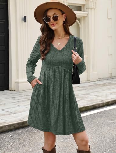 OFEEFAN Long Sleeve Sweater Dress Fall Dresses 2025 V Neck Empire Waist Baby Doll Dresses Women Casual Dress with Pockets - Image 4
