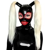 【Tragen】 Latexmasken sind eng anliegend. Die Oberfläche der Latexkleidung kann Talkumpuder enthalten. Waschen Sie Ihre Kleidung daher vor dem Anziehen in warmem Wasser mit Seife und verwenden Sie Anziehhilfe oder Silikongleitmittel.