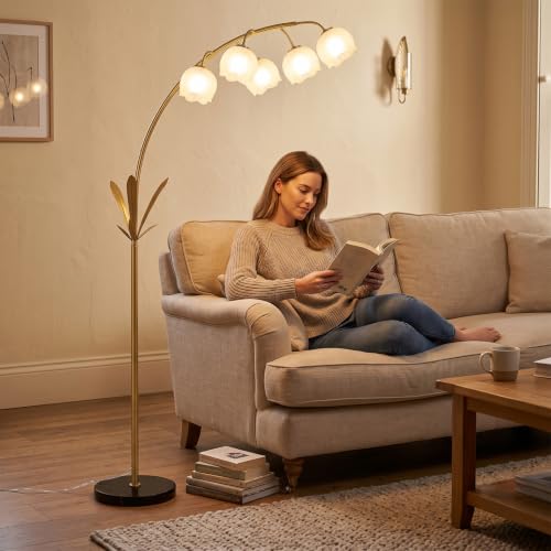 Image of HMVPL Gold Floor Lamp for Living Room, Flower Floor Lamp with 5 G9 LED Bulbs, Foot Switch, Arc Tall Lamp with Acrylic Shade, Marble Base, Mid Century Standing Lamp for Living Room Corner Bedroom Home