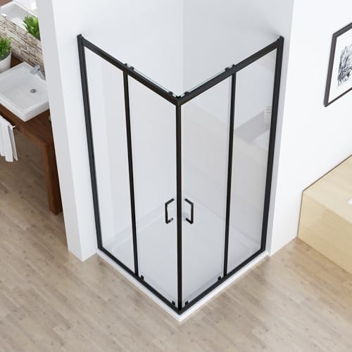 MIQU Duschkabine Eckeinstieg 90x90 cm Duschwand mit Doppel Schiebetür Matt Schwarz, 5mm ESG Sicherheitsglas, Rollen Schiebetüren Glas komplett Dusche Duschabtrennung Höhe 185cm, ohne Duschtasse