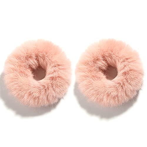 2 Pcs Women Furry Elastic Faux Rabbit Hair Scrunchies Fluffy Ponytail Holder Pompom Ball Hair Bands Ties For Girl Hair Accessories (Shell Pink) #TOP1