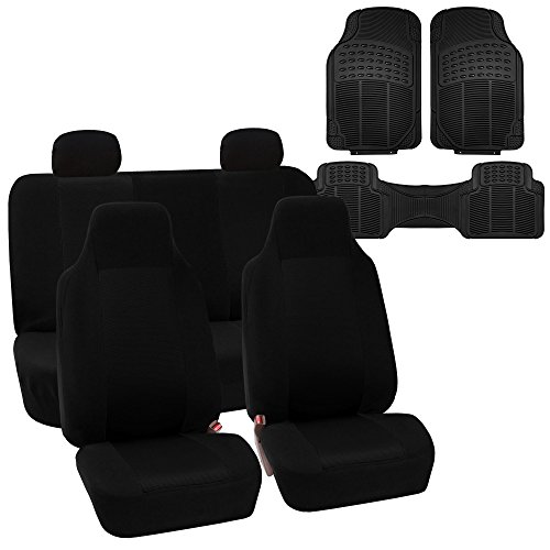 FH Group FH-FB102114 Full Set Classic Cloth Car Seat Covers Solid Black with F11306 Vinyl Floor Mats - Fit Most Car, Truck, SUV, or Van