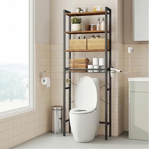 VASAGLE Over The Toilet Storage, Over Toilet Bathroom Organizer with Adjustable Shelves and Basket, 3 Hooks, Space Saving, 9.4 x 23.6 x 68.1 Inches, Rustic Brown UBTS114KD01S Rustic Brown 4 