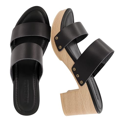 Image of CUSHIONAIRE Sky Platform Sandals for Women, Faux Wood Block Heel Slide with Comfort Foam Footbed and Vegan Leather Straps, Wide Width Available