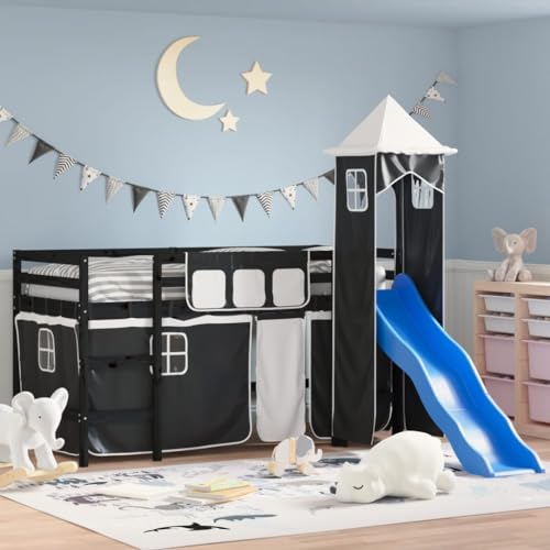 KLYEON Cama Alta niños con Torre Madera Pino Blanco Negro 90x200 cm,Cama Alta Infantil con Tobogán y Torre de Almacenamiento Diversión y Optimización del Espacio Camas y somieres