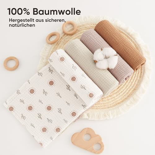 Bearmoss Moltontücher Baby 100% Baumwolle Weiche Spucktücher Baby,Atmungsaktiv und Extrem Saugfähig Musselin Tuch für Saugstark Mulltücher 4er 60x60cm (Brauner Druck)