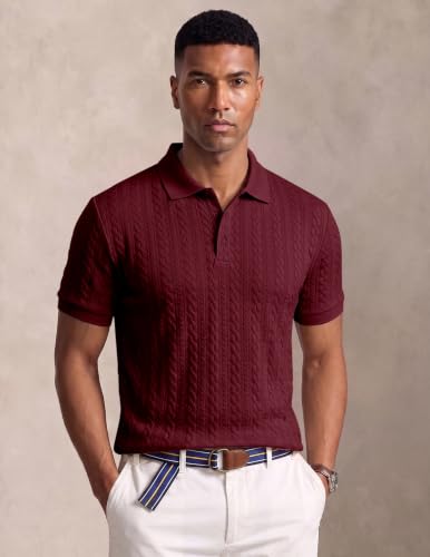 Image of JMIERR Men's Cable Knit Polo Shirts Elasticity Short Sleeve | Men's cable knit polo shirt with elasticity, machine wash, short sleeve, breathable textured knit for spring summer
