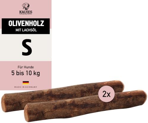 Kauies Olivenholz Kaustab für Hund mit Lachsöl - 100% natürlich, vegan & kalorienfrei - langelebiges Hunde-Spielzeug aus schadstoffgeprüftem Holz, Made in Germany, Größe S bis 10 k