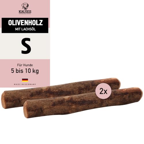 Kauies Olivenholz Kaustab für Hund mit Lachsöl - 100% natürlich vegan & kalorienfrei - langelebiges Hunde-Spielzeug aus schadstoffgeprüftem Holz Made in Germany Größe S bis 10 kg (2er Pack)