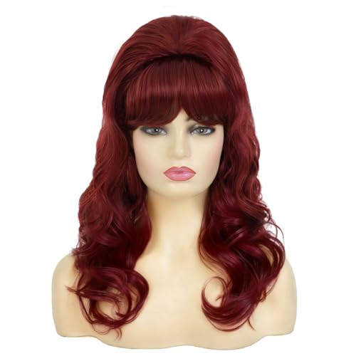 Image of Swiking Brown Red Curly Wig with Bangs Big Bouffant Beehive Wigs for Women 50s 70s Synthetic Wig Halloween Costume Wigs