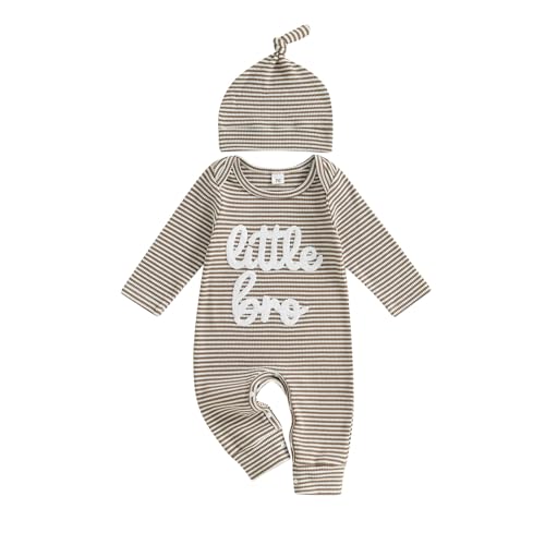 Tsnbre Newborn Baby Boy Clothes Little Bro One Piece Romper Jumpsuit Ribbed Knit Long Sleeve Striped Bodysuit with Hat