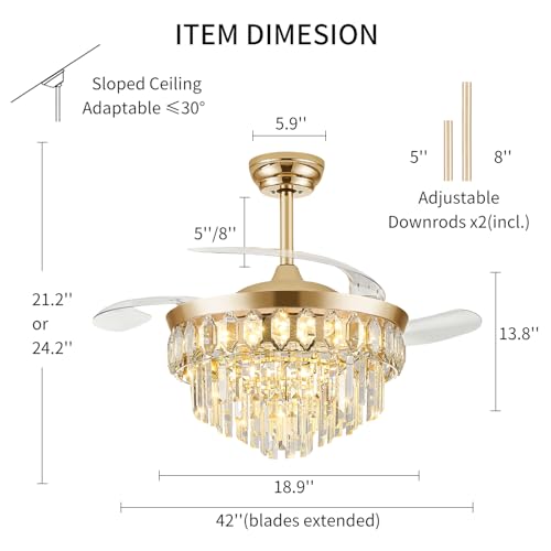 Image of FIDGRA 42'' Fandelier Ceiling Fan with Light, Chandelier Fan, Gold