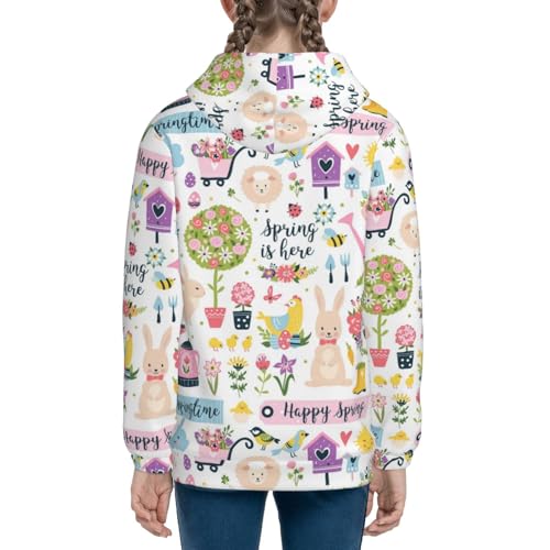 Spring Hand Drawn Flowers Birds Kids Pullover Hoodies Boys Zip Up Sweatshirts Girls Athletic Clothes with Pocket 5