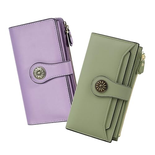 Travelambo Wallets Women RFID Large Capacity Luxury Waxed Leather Clutch Wallet Multi Card Organizer (Light Purple + Light Green)