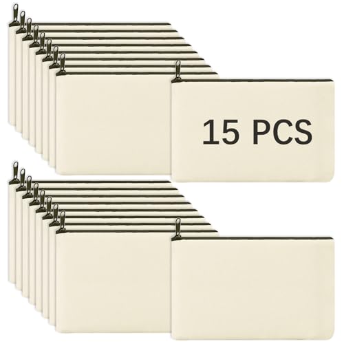 OKBA Sacos de maquiagem em branco de sublimação, bolsa de lápis de lona com zíper preto, sacolas de poliéster para artesanato DIY de sublimação (sacos em branco bege * 15 peças)