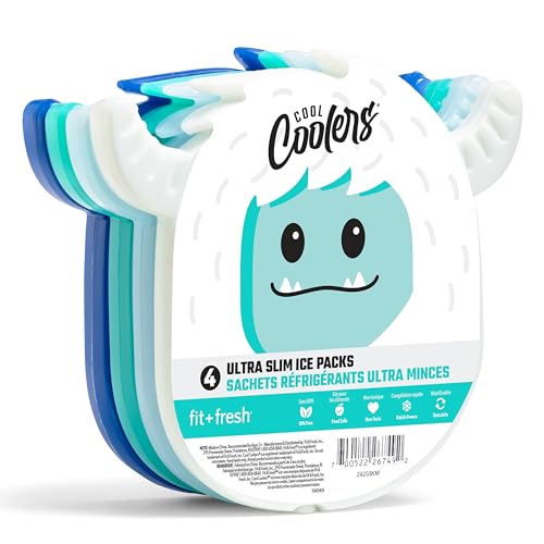 Fit & Fresh Kids Lunch Box Coolers, Slim Shaped Ice Packs for Lunch Bags, Reusable Multicolored Yeti Shape 4PK