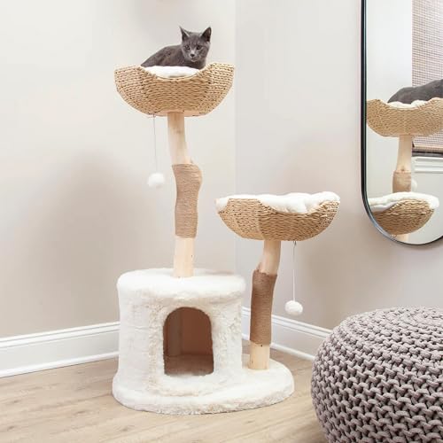 Habitat Haven The Bungalow Cat Tree - Luxury Cat Condo, Large Modern Indoor Tower with 2 Faux Fur Beds, Scratching Posts, Toys, and Den for Cats, 23.5-Inch Width x 18-Inch Depth x 43-Inch Height - Image 3