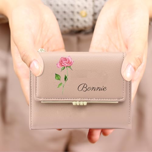 Personalized Wallets for Women - Trifold Leather Wallet with Birth Flower, Name&Picture for Mom Wife Daughter(Pink)3
