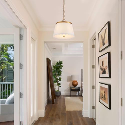 Mhytogn Flower Pendant Lighting, Modern Chandelier With Cream White Fabric Drum And Antique Brass Brush Paint Finish Shade For Nursery Kids Room Bedroom Kitchen Hallway Entryway 3-Light thumb #7